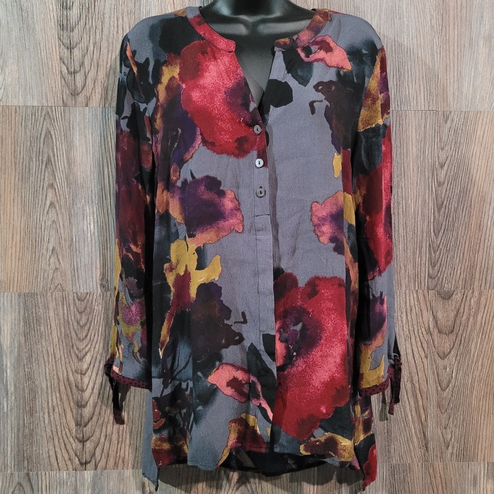 Habitat Button Front Crepe Tunic Sz M Moody Abstract Artsy Tie Slv High-Low Hem